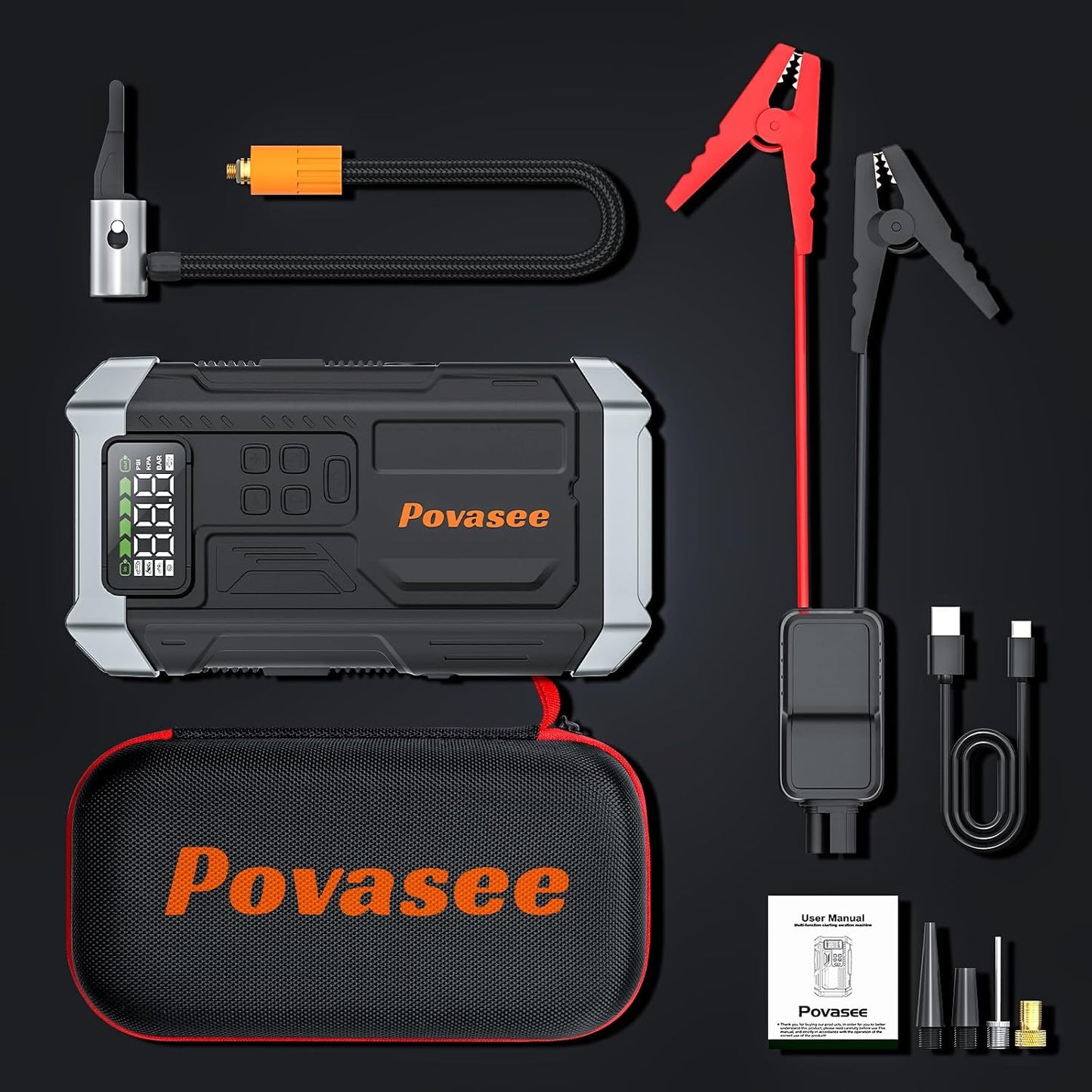 Povasee Jump Starter 5000A Car Jumper Starter, Model A30 12V Jump Box for Car Battery up to 10L Gas or 8L Diesel Engine Battery Jumper Starter Portable with Power Bank/Dual Output/LED Light
