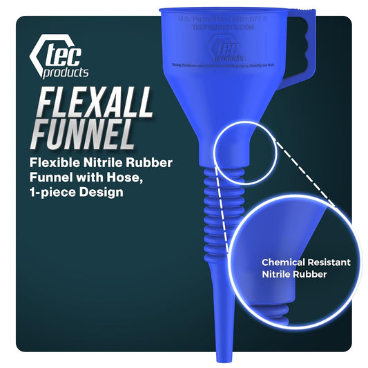 TEC Products FlexAll Long Flexible Funnels - Automotive Oil Funnel with Hose, Durable Nitrile Rubber for Oil Change, Transmission Funnel Fluid, Diesel, Fuel, Gas - Made in USA - Red (16 x 5 Inches)