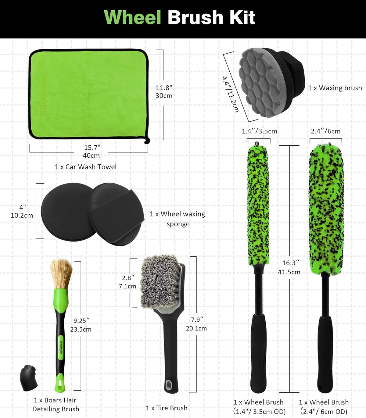 YeewayVeh 3PCS Quick Car Wheel Brush Kit, 2-Size 360° Bendale Rim Cleaner Brushes, Boars Hair Detailing Brush, Fast Scratch-Free Cleaning for Car Wheels, Motorcycle, Green