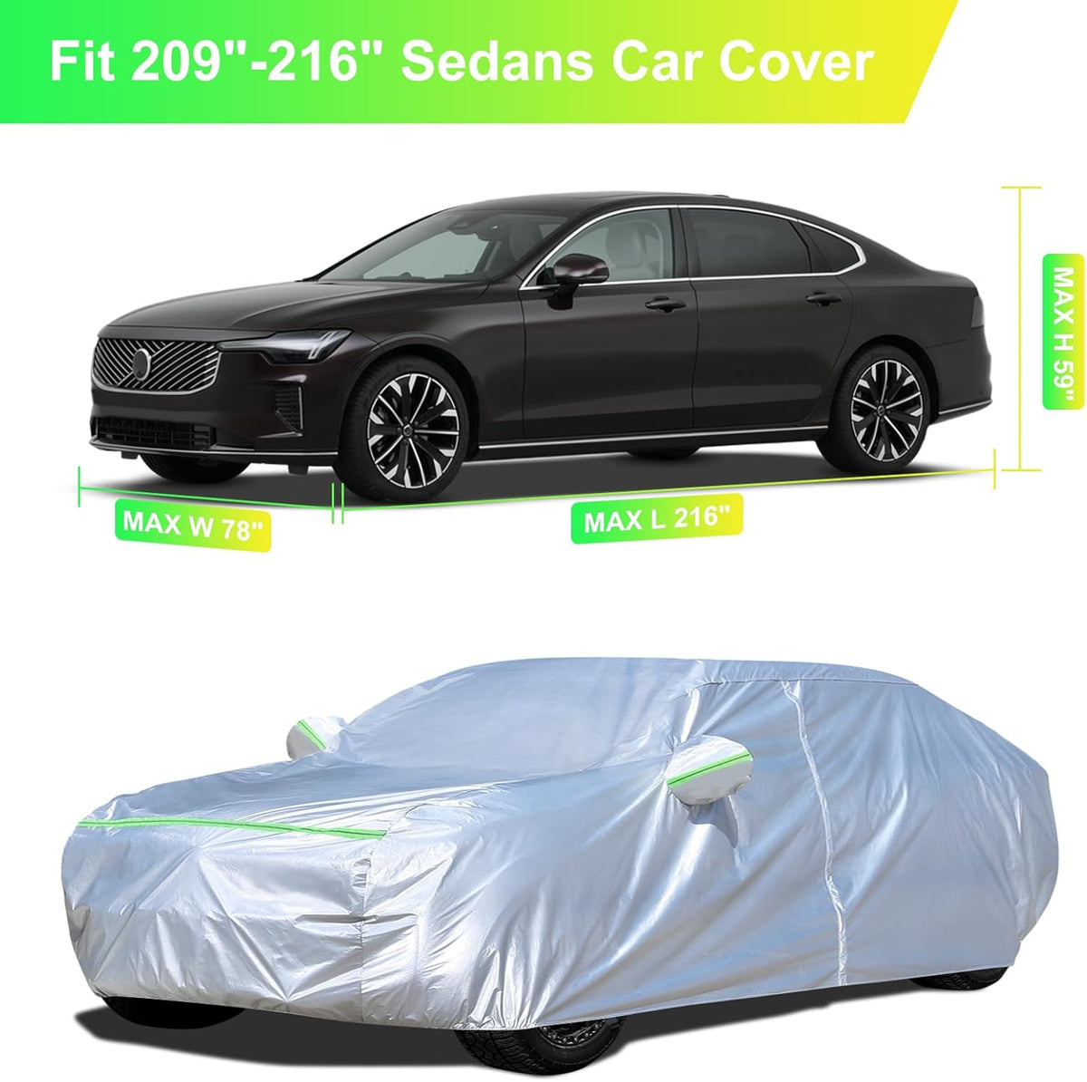 Sedan Car Cover (186-193 inches) - Universal Fit, Waterproof, Dupont Oxford, All Weather, Hail Protector, Sun Protection, Door Zipper