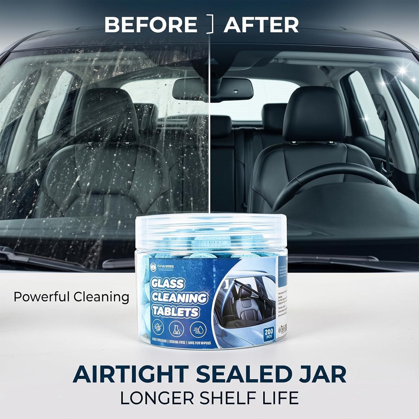 Couleurs Car Windshield Washer Tablets, Washer Fluid Tablets Glass Cleaner Concentrate Windshield Wiper Fluid Car Windshield Cleaner Automotive Glass Cleaner, 200 Pieces