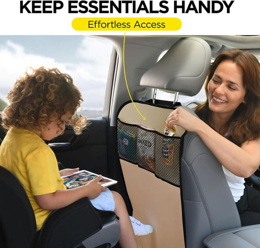 lebogner Back Seat Cover For Kids + 3 Pocket Storage Organizer, 2 Pack X-Large Waterproof Kick Mats Backseat Protector, Car Seat Back Protectors For Vehicles To Protect From Dirt, Mud & Scratches