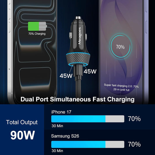 2 Pack 90W USB C Car Charger Super Fast Charging for iPhone 17 Pro Max/Air/16/15/iPad, Samsung S26 Android Phone, Dual 45W PD Port Auto Accessories, 12V Cigarette Lighter Adapter + 3.3 ft Type C Cord