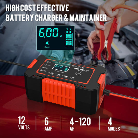 Car Battery Charger, 12V 6A Smart Battery Trickle Charger Automotive Battery Maintainer Desulfator with Temperature Compensation for Car Truck Motorcycle Lawn Mower Boat Marine Lead Acid Batteries
