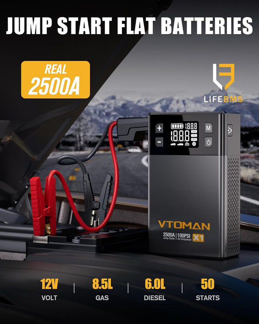 VTOMAN X1 Jump Starter with Air Compressor, Car Battery Jumper Starter (Up to 8.5L Gas/6L Diesel Engine) with 150PSI Auto Tire Inflator, 12V Portable Booster Pack, Lithium Jump Box Charger-Black