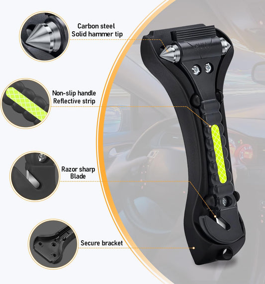 Car Safety Hammer 4 Pack, Car Window Glass Breaker and Seat Belt Cutter Car Emergency Escape Tool with Light Reflective Tape for Family Rescue, Life Saving Survival Kit