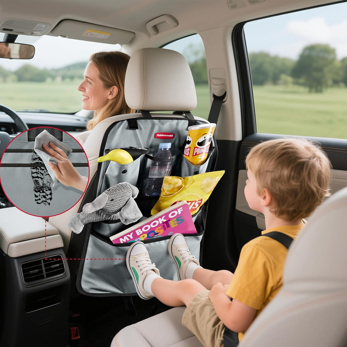 Rubbermaid Backseat Car Organizer, Kick Mats and Seat Back Protector, Car Organizer for Kids with 6 Storage Pockets, Travel Essentials for SUV, Truck, Car - 2 packs Gray