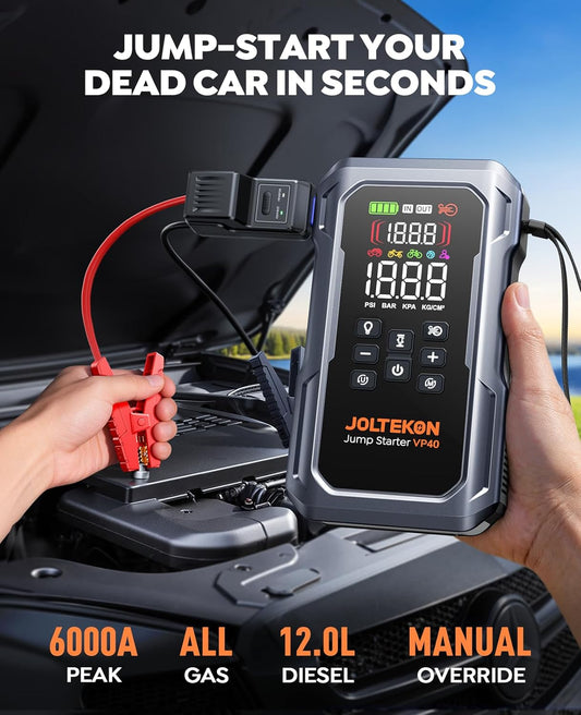 6000A 160PSI 9-in-1 Car Battery Jump Starter with Air Compressor & Air Blower (All Gas 12L Diesel), Battery Jumper Starter Portable Jump Box for Car Battery with 800LM Light/18W Fast Charge