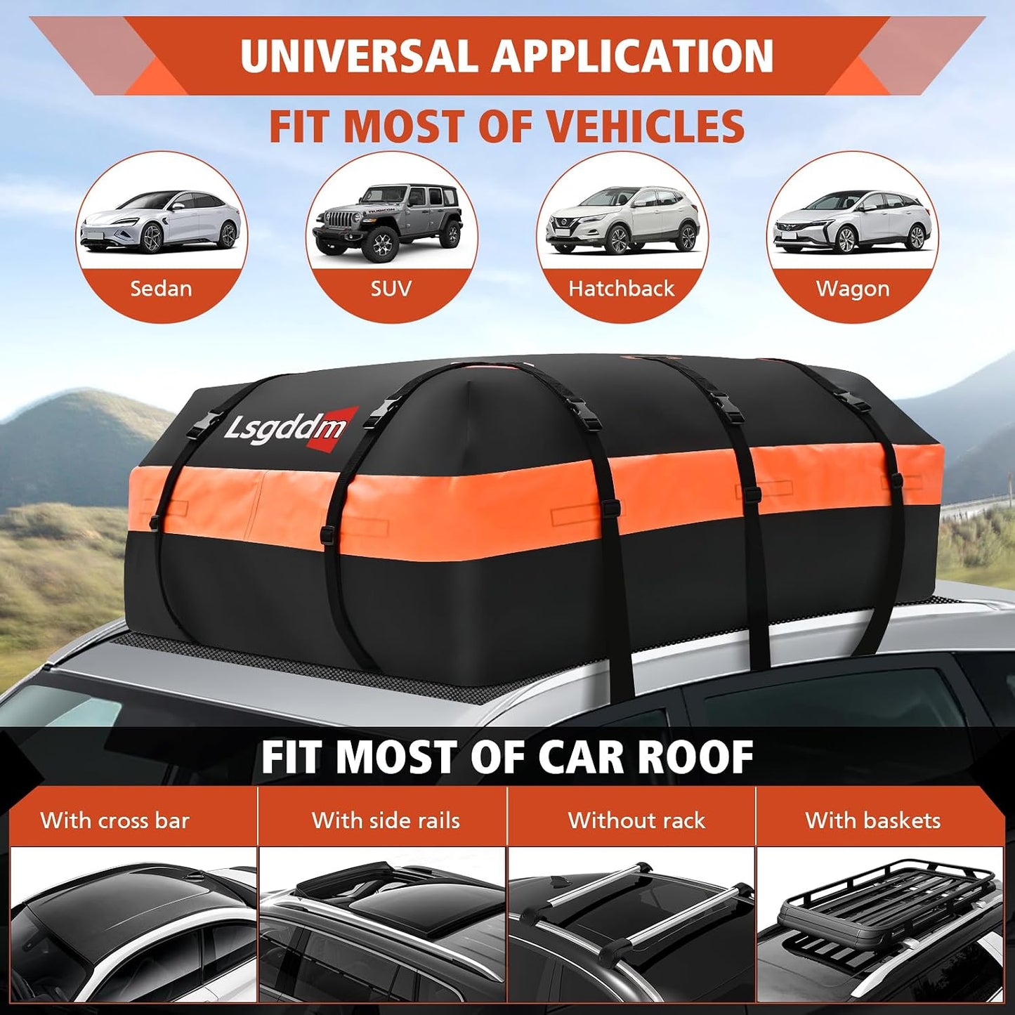 Roof Bag, Waterproof Soft Car Top Carrier Without Rack, 15 Cubic Feet Cargo Carrier for Top of All Vehicles with/Without Rack, Includes Anti-Slip Mat, 4 Door Hooks, Luggage Lock, Storage Bag