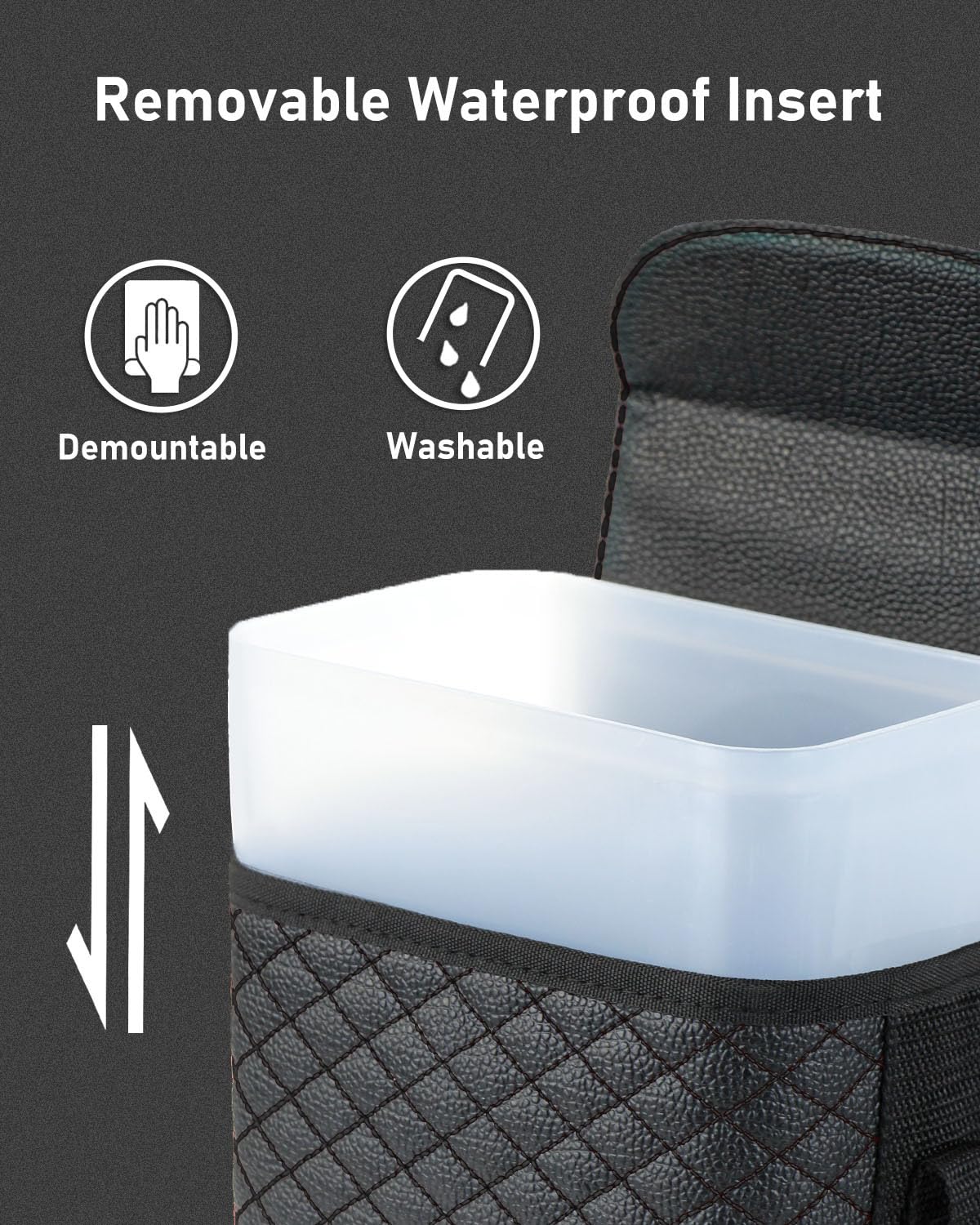 BELINOUS Leather Car Trash Can with Matching Tissue Holder, Waterproof and Leakproof Mini Car Trash Can with Lid, Small Garbage Bin with Adjustable Strap