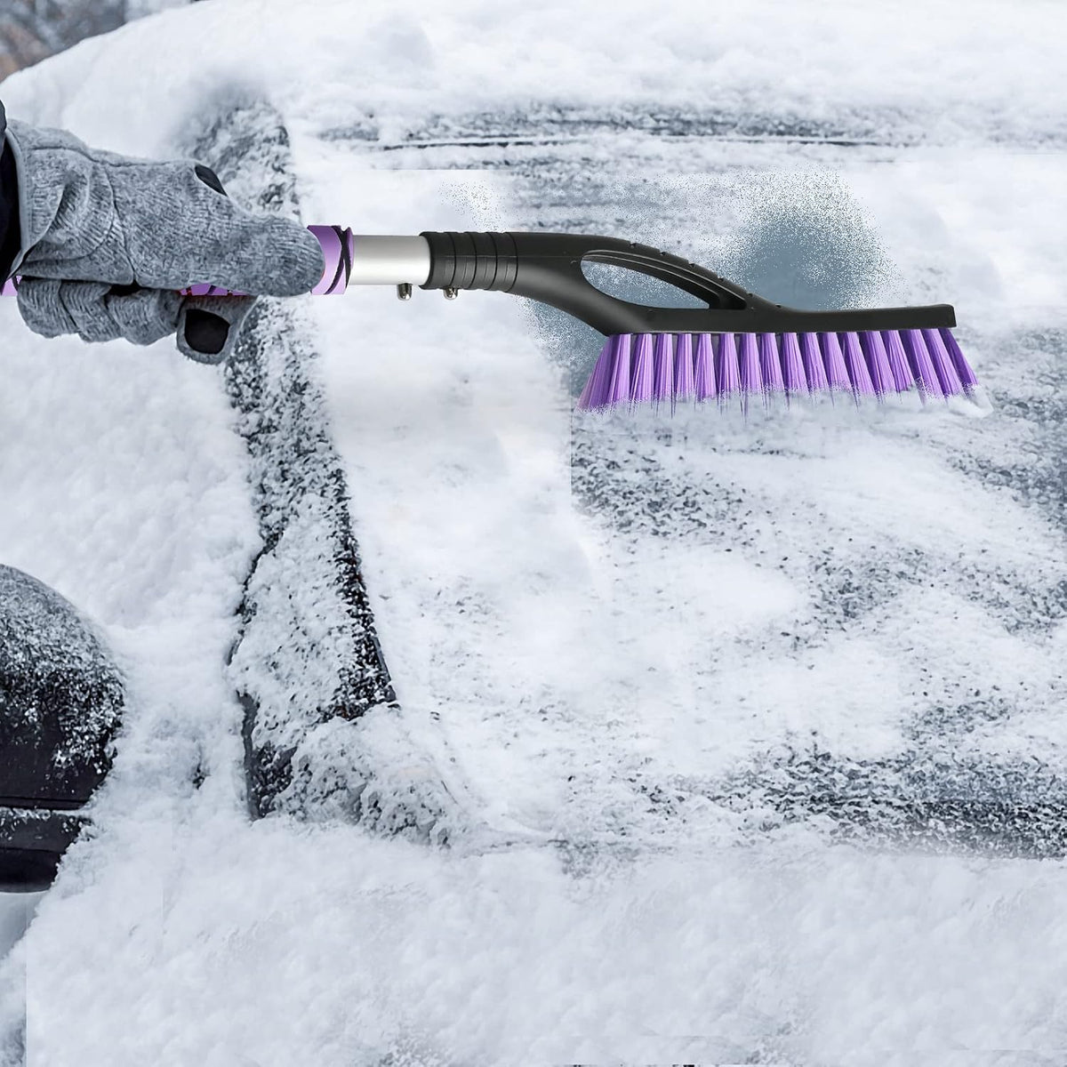 OUSHASAA 27" Snow Brush and Ice Scrapers for Car Windshield 2 Pack |Scratch-Free Bristle Head PVC Snow Brush & Foam Grip Window Snow Scraper Snow Removal Tool with Aluminum Body for Truck, SUV,Purple