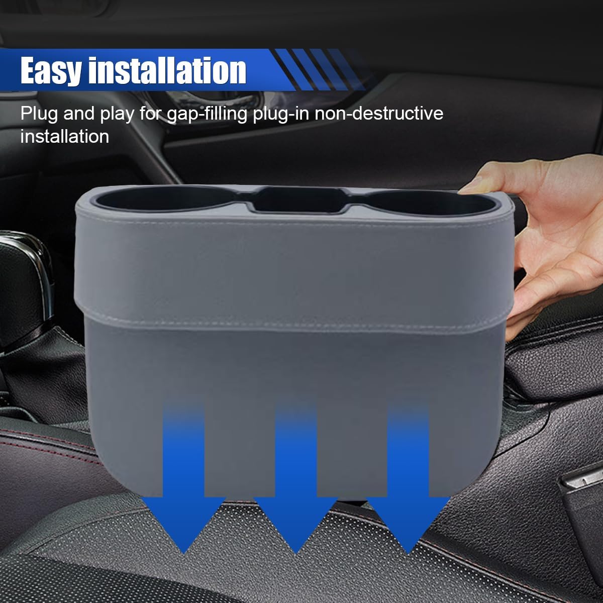 Car Cup Holder, Auto Front Seat Organizer, Multifunctional Cup Drink Holders with PU Leather Cover, Gap Filler Storage Box Coin Bucket Console Side Pocket Cell Mobile Phone Holder (Black)
