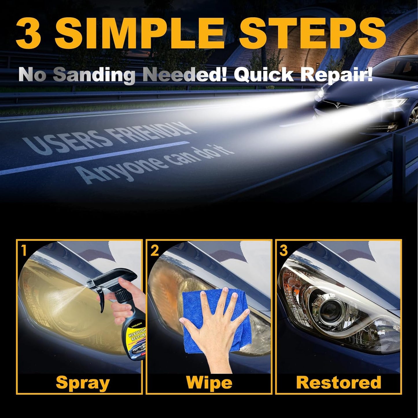 SHIELDOM Headlight Restoration Spray Headlamp Cleaner & Restorer, Instant Renew Oxidation & Yellowed Headlights to Like New Kit with Applicator Pad & Towel, Safe for All Vehicles Lamps 6.8 fl oz