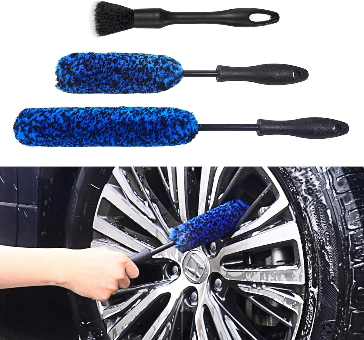 3PCS Wheel Brush Kit for Cleaning Wheel and Tire, Wheel and Rim Brush, Car Detailing Brushes, Bendable & Durable Car Wheel Rim Cleaner Brush Set,Car Detailing Cleaning Brush Supplies Kit