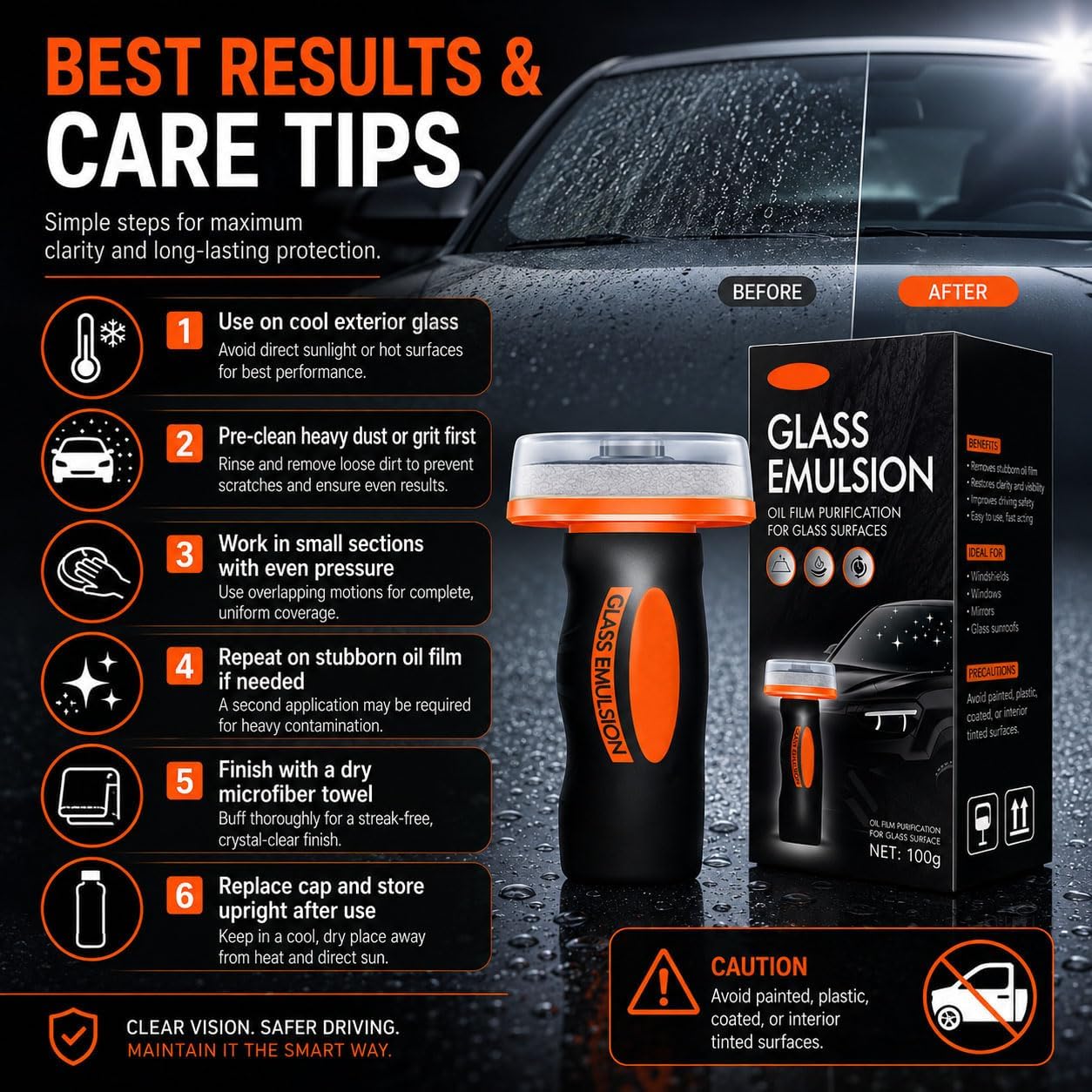 Glass Oil Film Remover for Car, 100ml Roll-On Glass Compound with Cleaning Board, Removes Oil Film & Smudges, Improve Windshield Clarity for Safe Driving