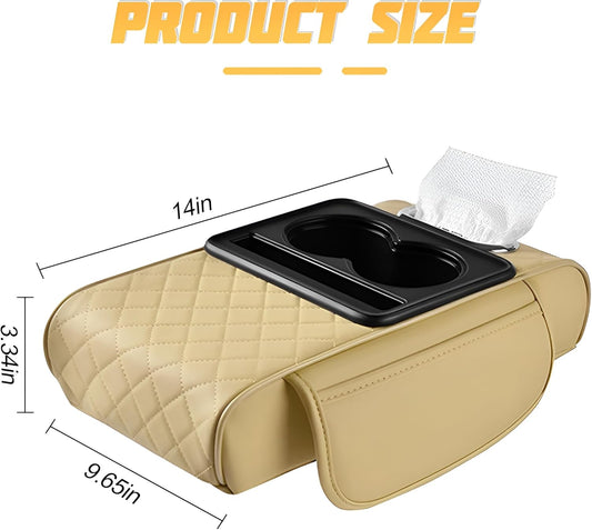 Zpana Car Center Console Armrest Pillow, Memory Foam Leather 4 in 1 Vehicle Arm Rest Cover with Tissue Box 2 Side Storage Bag Cup & Phone Holder, Auto Armrest Cushion, Universal Fit (Black)