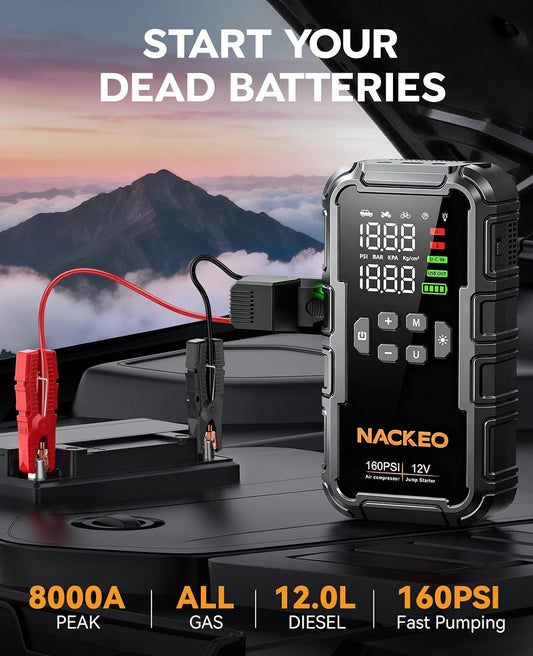 8000A Car Battery Jump Starter with Air Compressor 160PSI, Car Jumper Starter Portable (All Gas 12L Diesel), 12V Jump Box Car Battery with 600LM Light, Jumper Cables, Large LCD Display, Power Bank