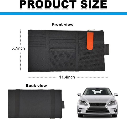 Car Sun Visor Organizer, Auto Interior Visor Storage Pouch Holder with Zipper, Multi-Pocket Net Personal Belonging Organizer, Universal Car Accessory for Cards, Documents (Black)