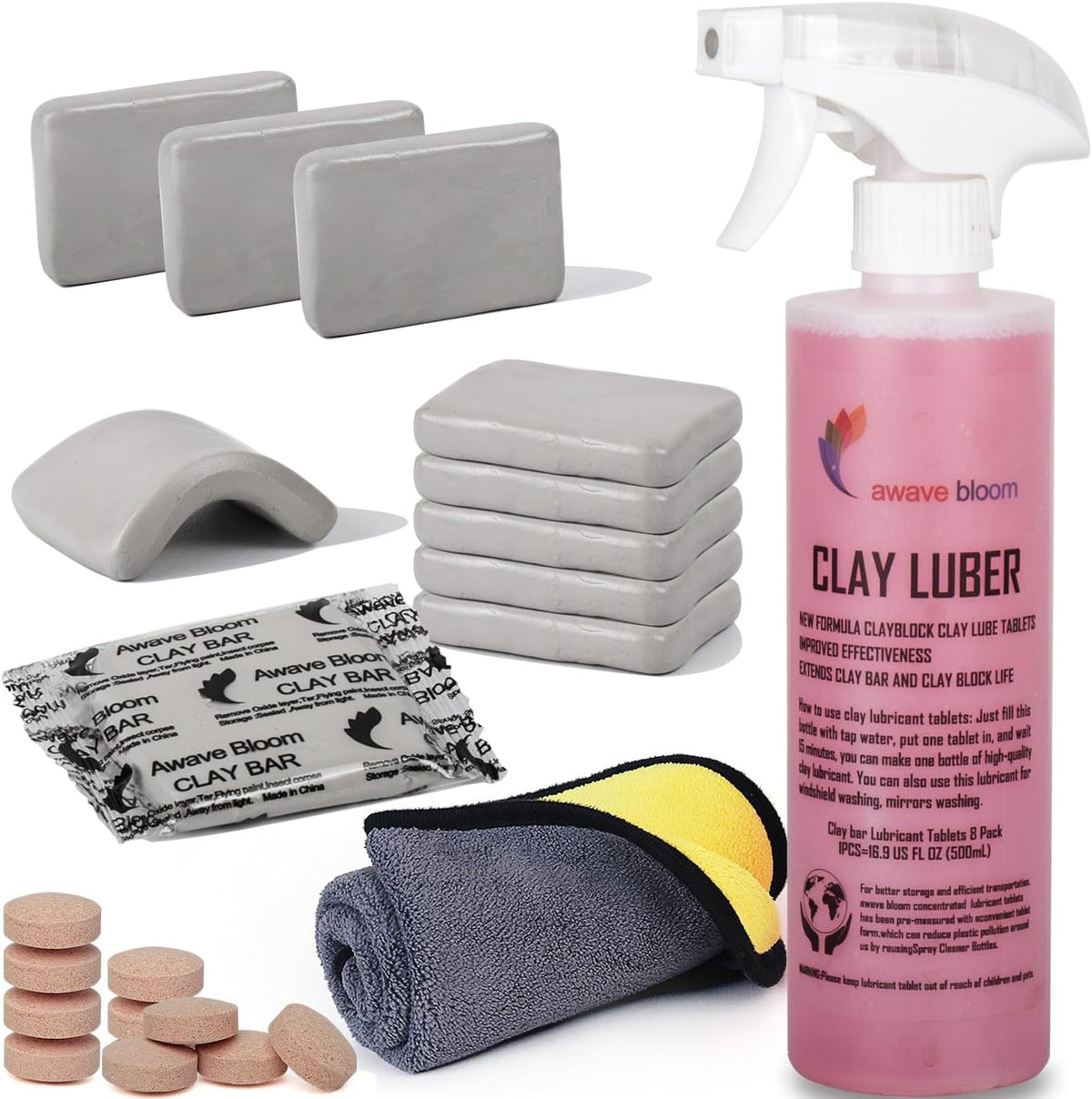 Car Clay Bars Auto Detailing 400g and Clay bar Lubricant Tablets 8 Pack(1pcs=16 oz) Clay bar kit,Include Portable Spray Bottle and Micro Fiber Towel,for Car Detailing Damage Free Cleaning