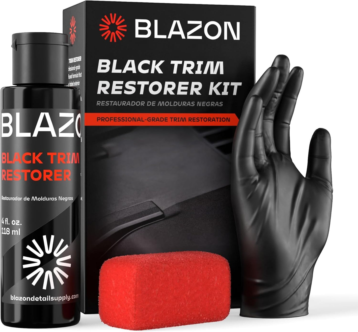 BLAZON Black Trim Restorer – Dye-Infused Plastic Restorer for Faded Exterior Trim, Deep Black Finish, Scratch Correction, Long-Lasting Durability & UV Protection - 8 oz