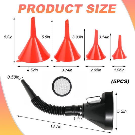 5PCS Wide Mouth Oil Funnel, Plastic Wide Mouth Flexible Fuel Funnel with Hose & Mesh Filter, Multi-Functional Large Oil Funnel Set for Filling Bottles Gas Transfer