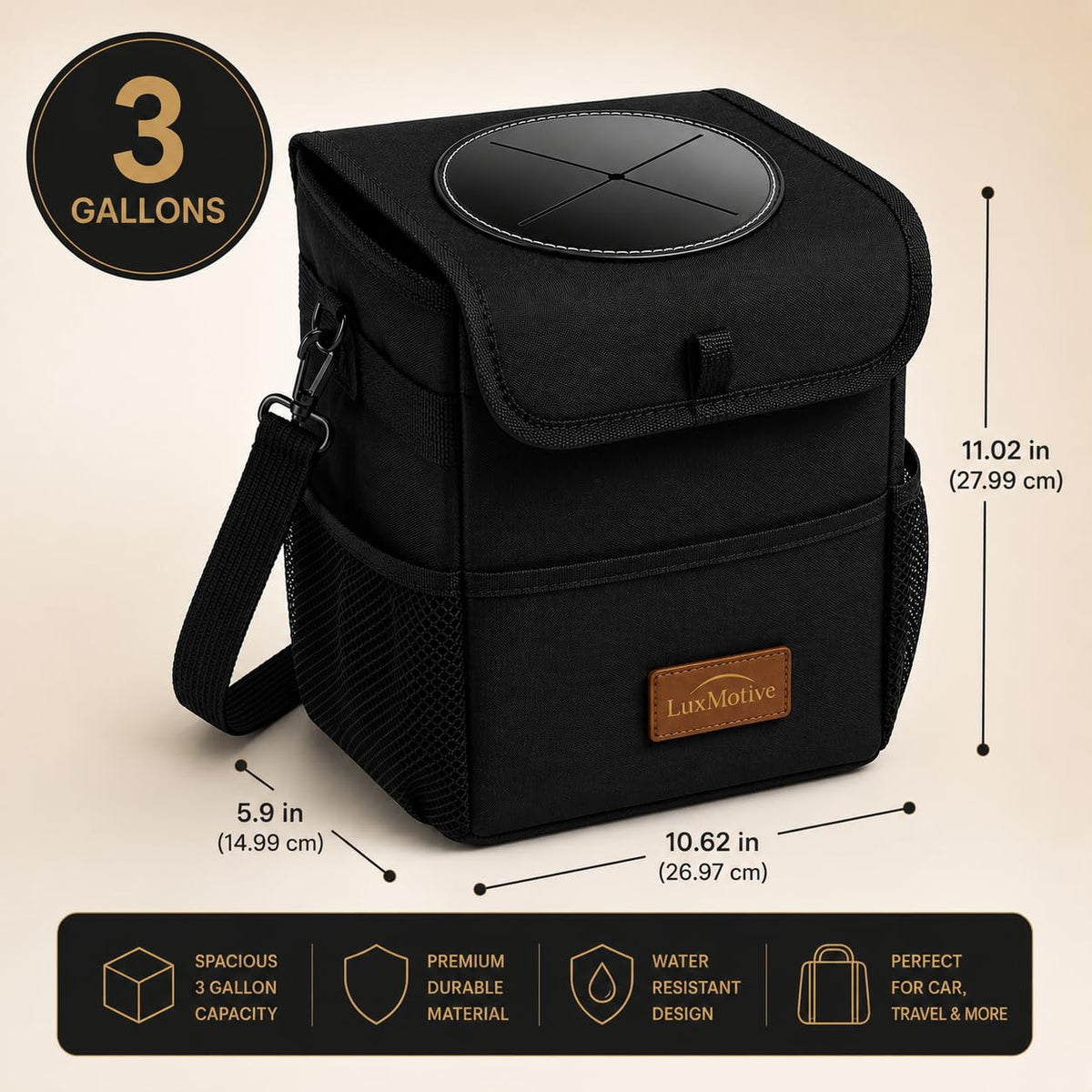 LuxMotive Car Trash Can – 3 Gallon Leakproof Waterproof Auto Trash Bin, Hanging Car Garbage Container with Lid & Storage Pockets, Foldable Car Organizer for Vehicle Interior (Black)