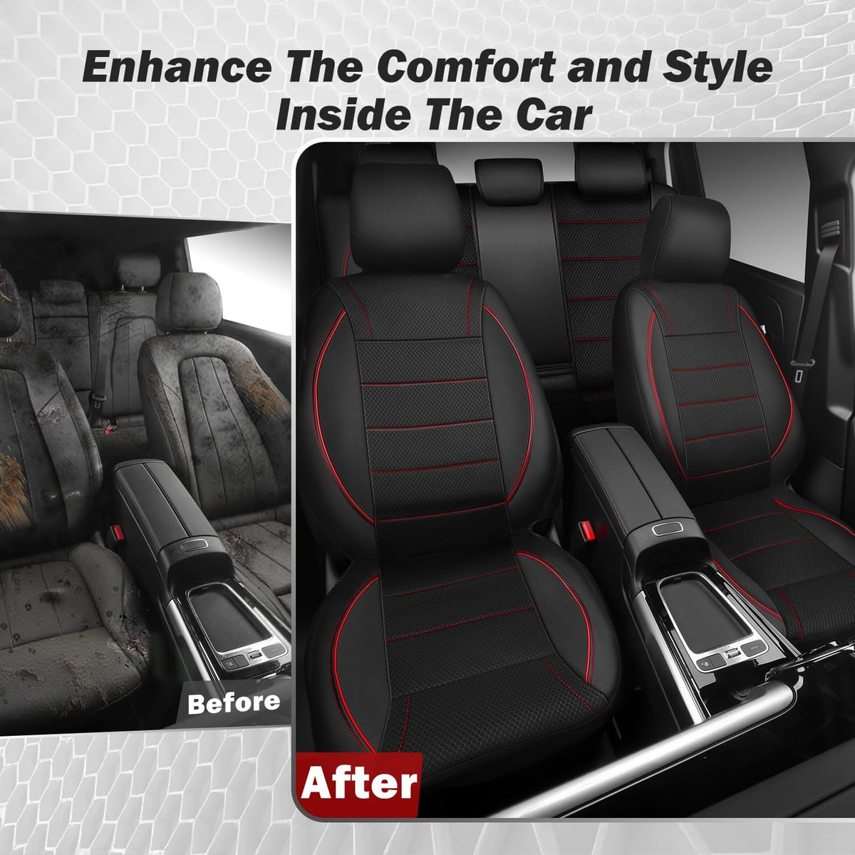 CAR PASS Universal FIT Piping Leather Two Front Seat Covers, Waterproof Faux Leather for SUV Sedan Van Truck, Airbag Compatible,Reserved Opening Holes for Headrest Covers. (Black red)