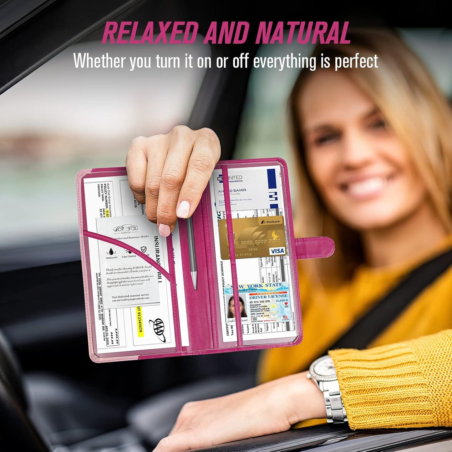 foryou Car Registration and Insurance Holder Car Document Holder Registration and Insurance Card Holder for Cards, Driver License & other Essential Documents(Purple Pink)