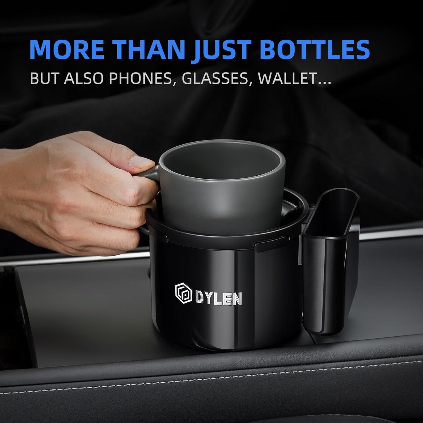 DYLEN Car Cup Holder Expander with Adjustable Base, Fits 16–46oz Bottles | Expandable base fits 2.5"–3.8" cup holders; secures Yeti, Owala 16–46oz bottles; 99% phones; anti‑slip tabs prevent spills.
