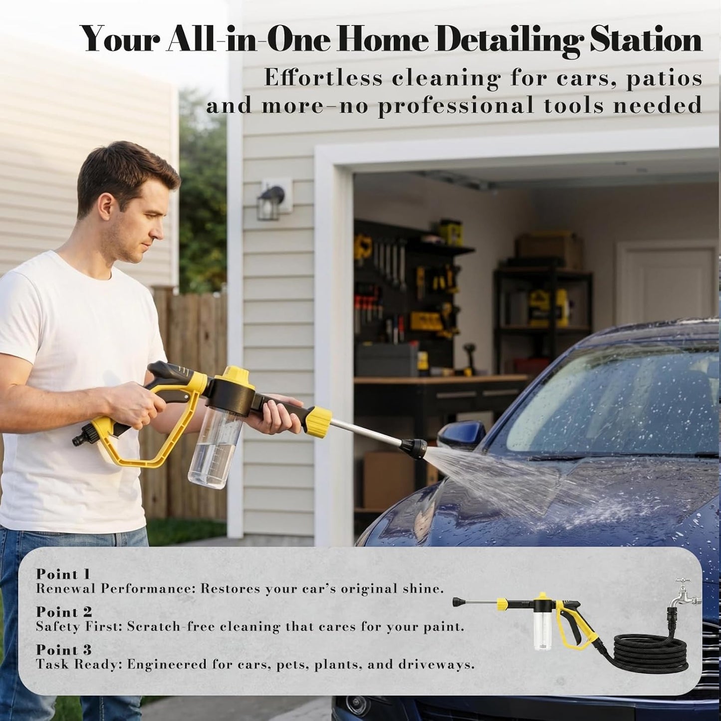 Car Wash Foam Gun for Garden Hose - High Pressure Foam Cannon Car Wash Kit with 3 Spray Modes - Professional Car Wash Hose Sprayer for Cars, Trucks, RVs, Motorcycles & More, Yellow