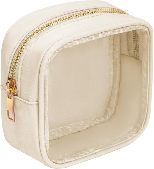 Small Clear Makeup Bag for Purse Small Cosmetic Bag Travel Size Toiletry Bags Cute Travel Makeup Bag,Coin Purse,Car Asscessories Organizer Storage Travel Essentials for Women Girls(Clear-Beige)