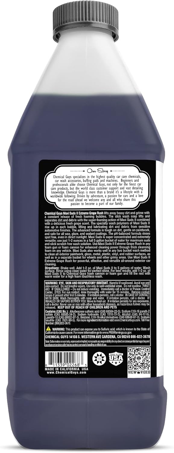 Chemical Guys CWS/1010/64 Maxi-Suds II Foaming Car Wash Soap (Works with Foam Cannons, Foam Guns or Bucket Washes) Safe for Cars, Trucks, Motorcycles, RVs & More, 64 fl. Oz (Half Gallon), Grape Scent