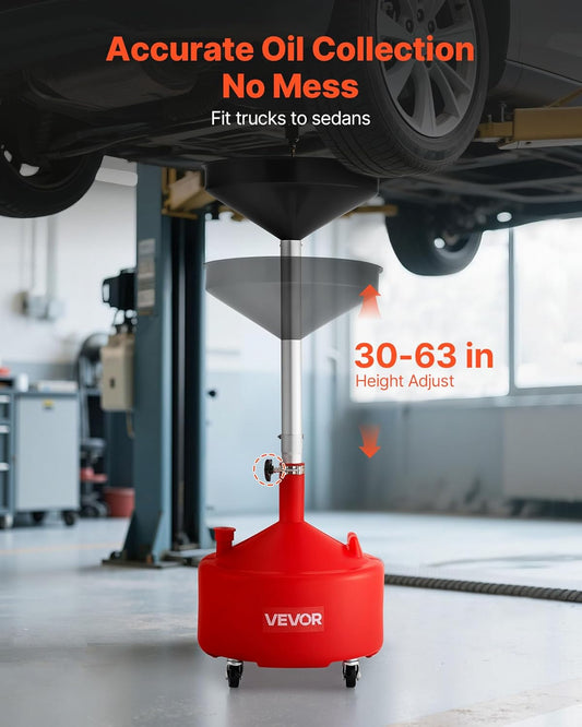 VEVOR Oil Drain Container, 20 Gallon Waste Oil Drain Tank, Portable Oil Lift Drain Pan Air Operated Drainer, Fluid Fuel Drainage Adjustable Funnel Height with Pressure Regulating Valve & Wheel