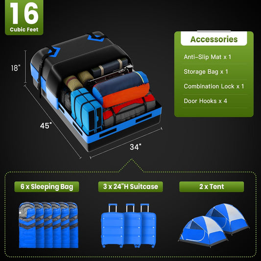 APTY 21 Cubic Feet Car Rooftop Cargo Bag Carrier, Soft Roof Top Luggage Bag for All Vechicles with/Without Racks - with Waterproof Zip, Luggage Lock, Anti-Slip Mat, Storage Bag, Door Hooks, Blue