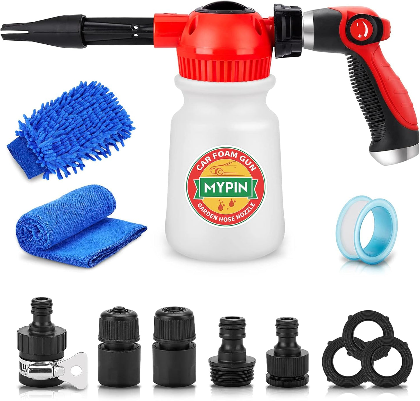 16 IN 1 Car Wash Foam Gun, Foam Cannon,Adjustable Hose Wash Sprayer with 2.5 to 6 Bars Foam Blaster,Wash Mitten &Towel,Suitable for Car Cleaning and Garden Use with 1/2” Quick Connector