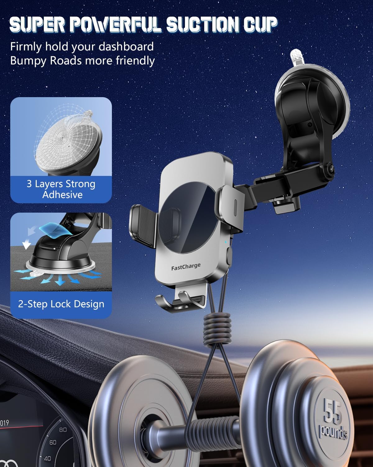 3-in-1 Wireless Car Charger Mount, 15W Fast Charging Auto-Clamping Phone Holder for iPhone 17 16 15 14, Samsung Galaxy S24 S23, Dashboard, Vent & Windshield Car Mount(Black)