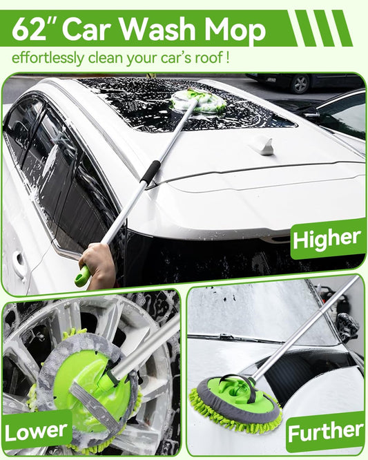 8Pcs Car Wash Kit, 62’’ Car Wash Brush with Long Handle, Microfiber Carwash Kit Set, Car Washing Supplies for Cars RV Truck Exterior