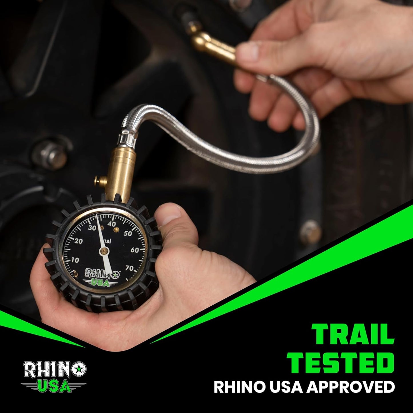 Rhino USA Heavy Duty Tire Pressure Gauge (0-75 PSI) - Certified ANSI B40.1 Accurate, Large 2" Easy Read Glow Dial, Premium Braided Hose, Solid Brass Hardware, Best for Any Car, Truck, Motorcycle, RV
