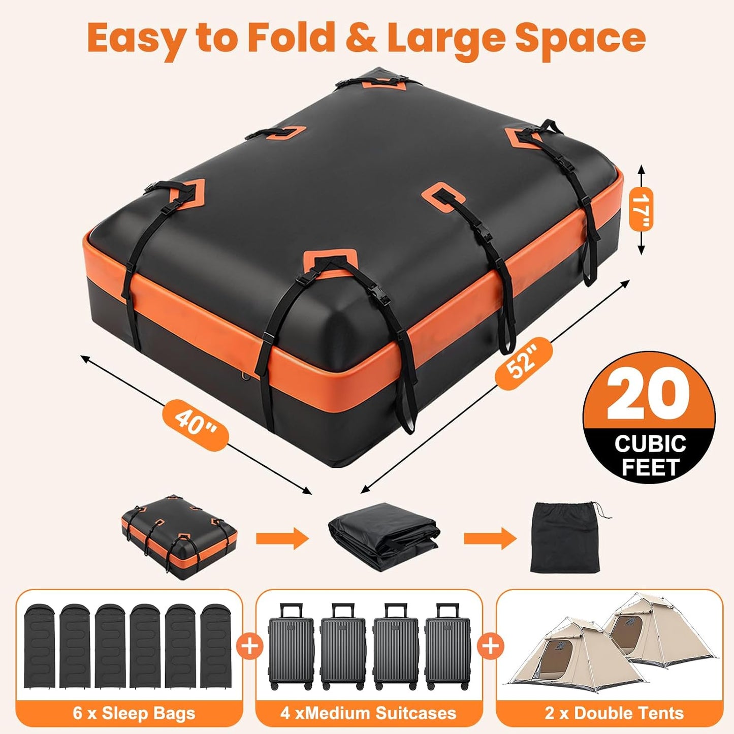 20 Cubic Feet Heavy Duty Waterproof Car Rooftop Cargo Carrier Bag | for All Vehicles with/without Rack, Includes Anti-Slip Mat, Reinforced Straps, Door Hooks, Storage & Luggage Lock