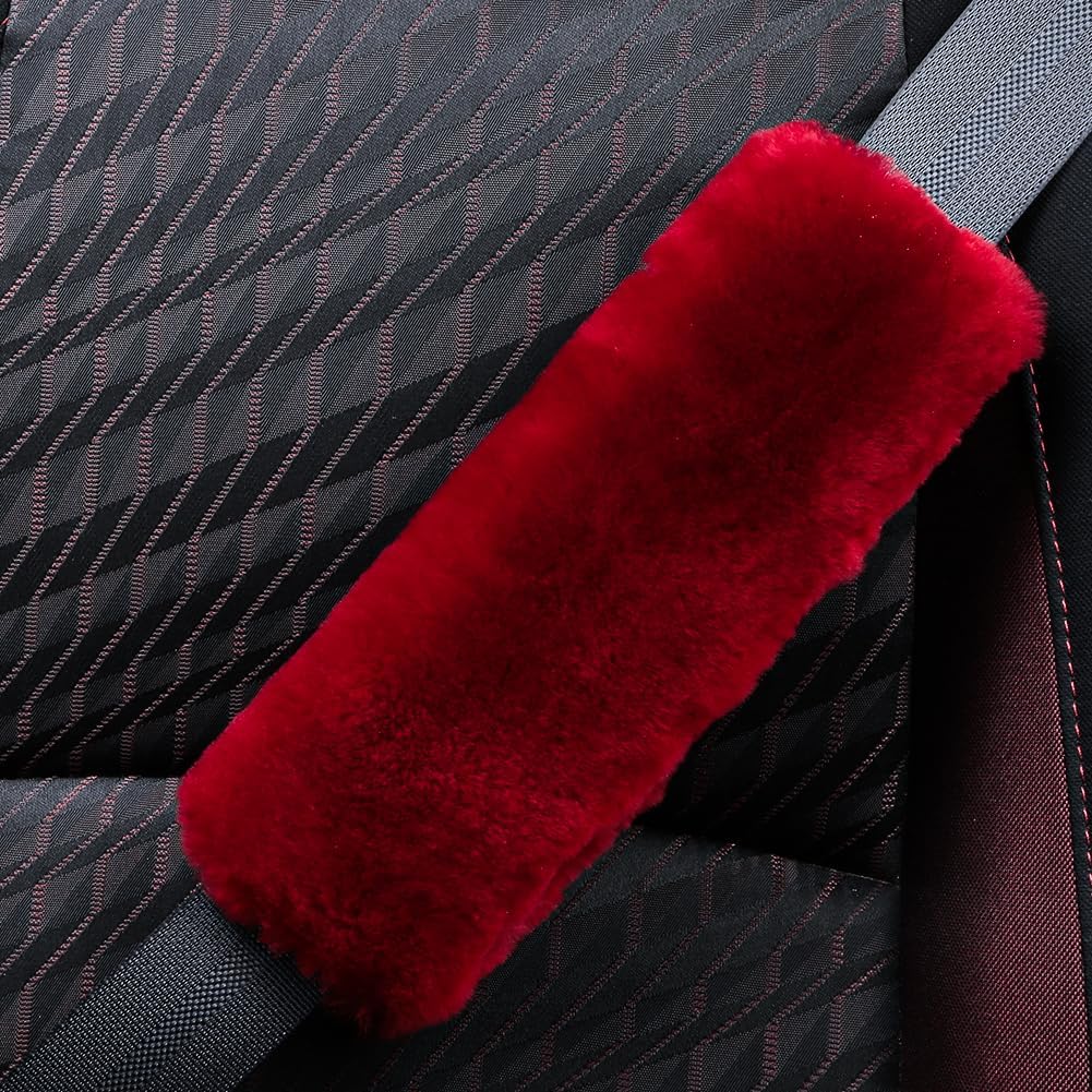 AOGELAN 2 Pack Black Fluffy Fuzzy Genuine Sheepskin Car Seat Belt Cover Pad, Seatbelt Cushion for Soft Auto Lambswool Shoulder Strap Cushion Adults (2, Black)
