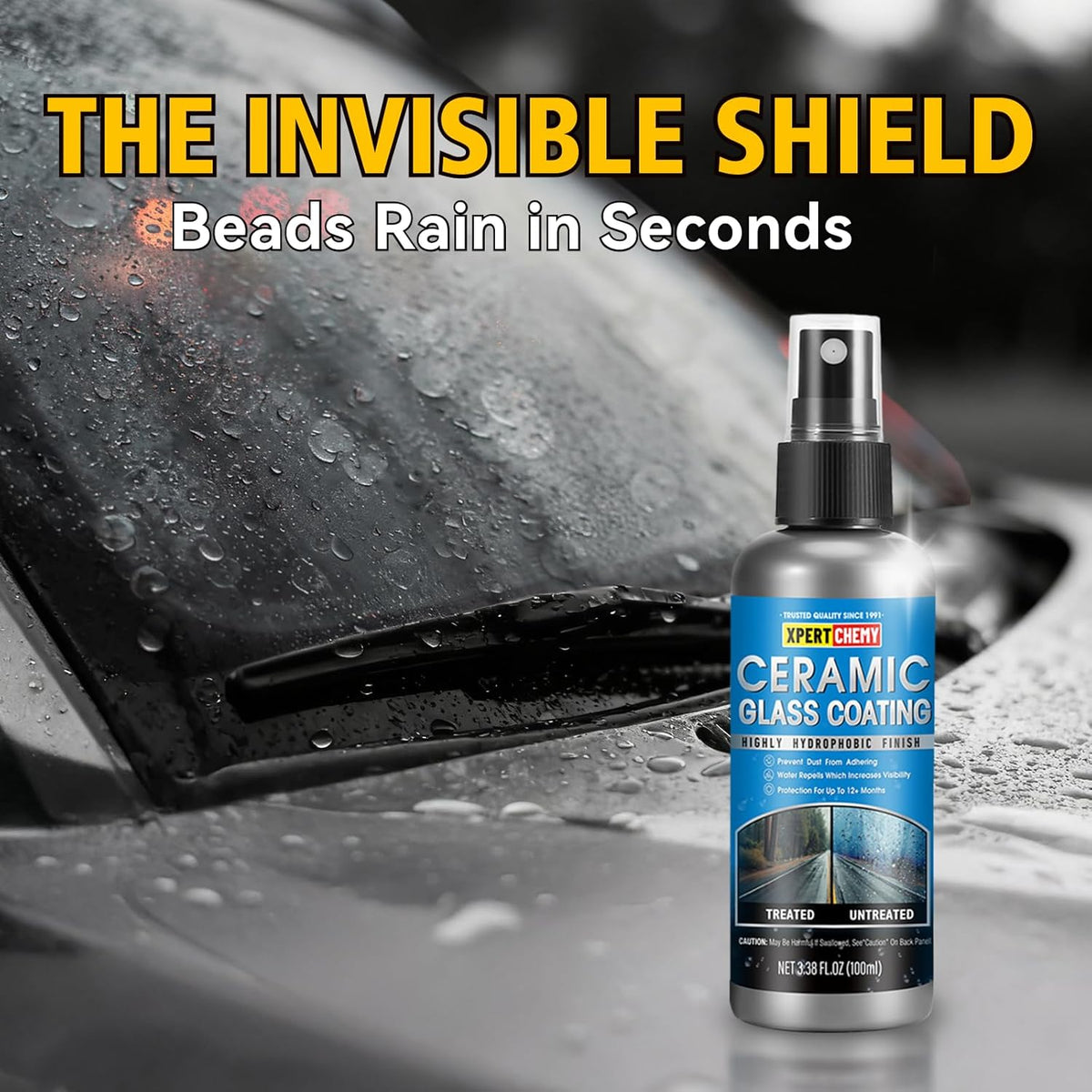 XPERTCHEMY Ceramic Rain Repellant Windshield, Glass Coating Spray, Hydrophobic Protective Formula, Advanced Rain Windshield Water Repellent for Cars, Mirrors and Other Glass Surfaces