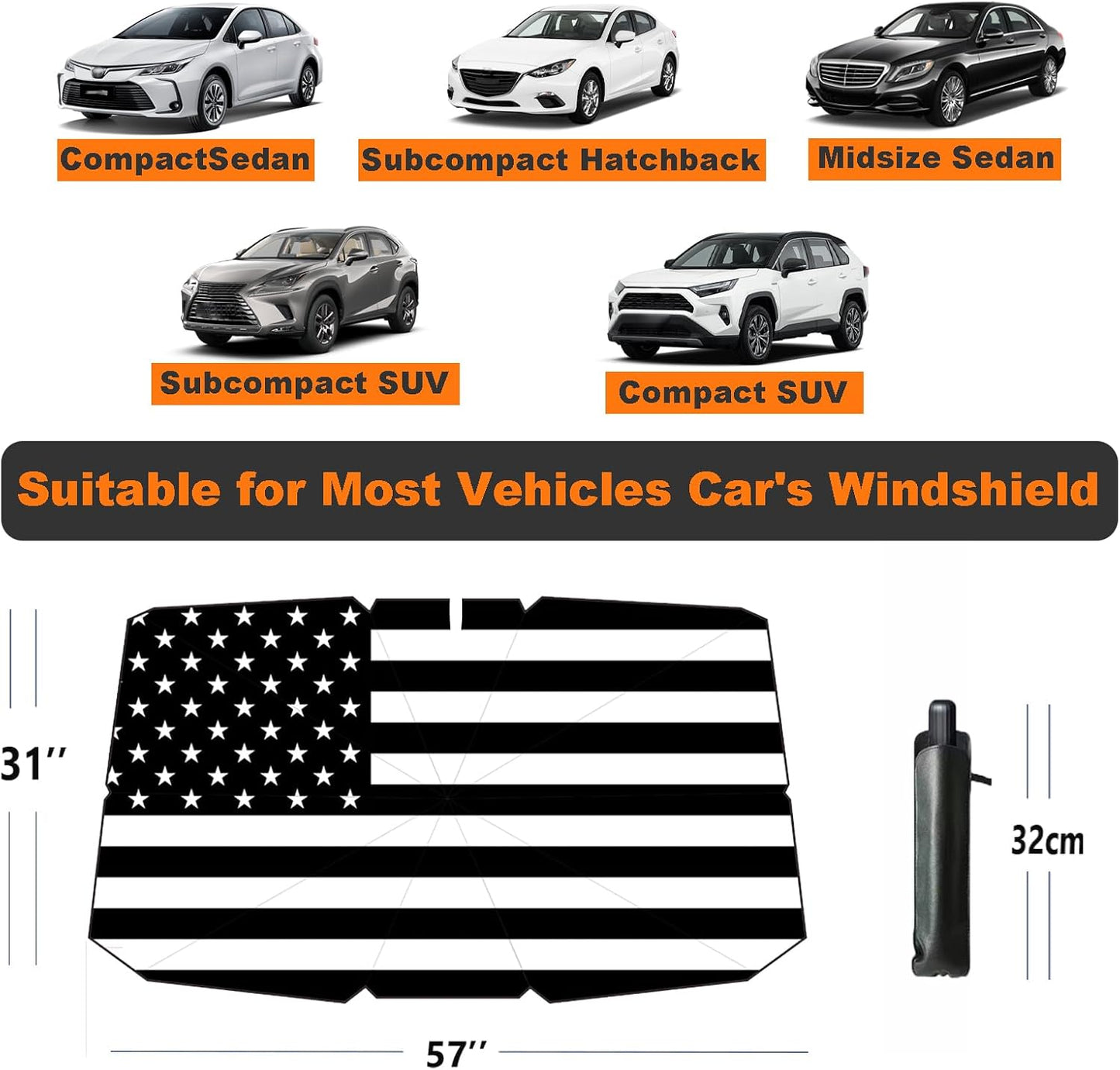 Windshield Sun Shade 2025 Car Accessories 100% Blackout Car Front Windsow Shades Umbrella Automotive Sun Visor Block Heat Insulation Protection (Black Eyes)
