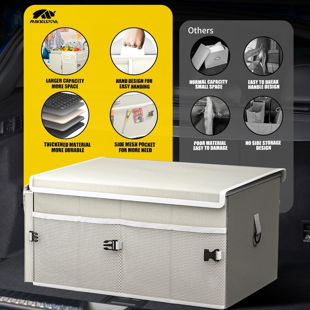 MIKKUPPA Car Trunk Organizer - 65L Collapsible Trunk Organizer with Lid, Sturdy Car Storage for SUV Auto Truck Van with Adjustable Straps and Non Slip Bottom (Black)