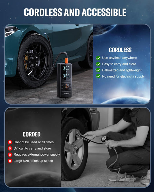 REHOTTOP Tire Inflator Portable Air Compressor, 160 PSI Cordless Air Pump for Car Tires with Digital Pressure Gauge, LED Light & Auto Shut-Off, 5X Fast Inflation for Car, Motorcycle, Bicycle, Ball
