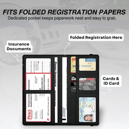 LINTRU Car Insurance and Registration Card Holder, Fits Folded Registration Papers, Double-Stitched Rigid Backing, Secure Elastic Closure, Vehicle Document Organizer, Car Accessories for Men & Women