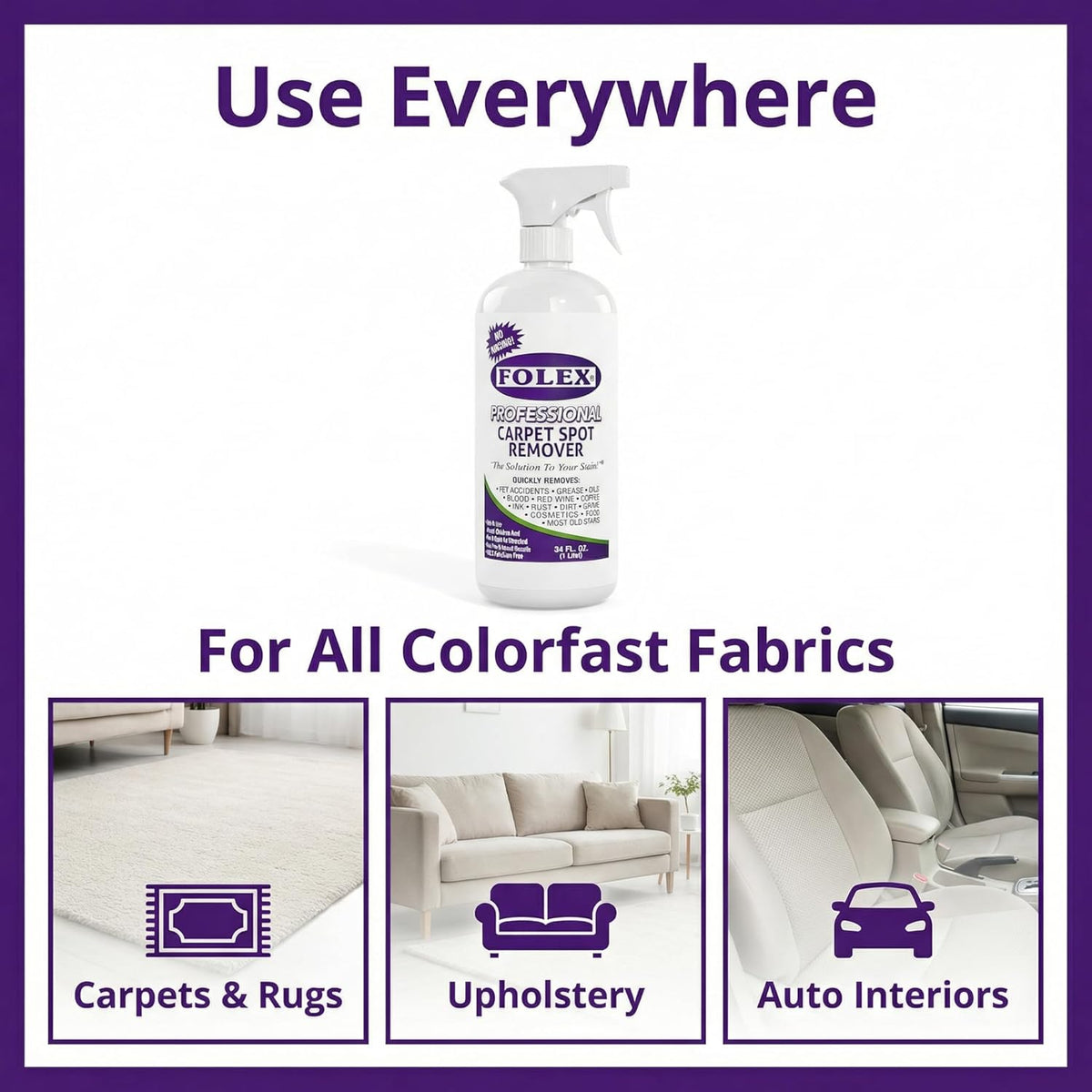 FOLEX - Professional Carpet Cleaner Spray 34 oz - Pet Stain Removal - Instant Stain Removal - No Rinsing Required - Safe for Pets - Works on All Fabrics