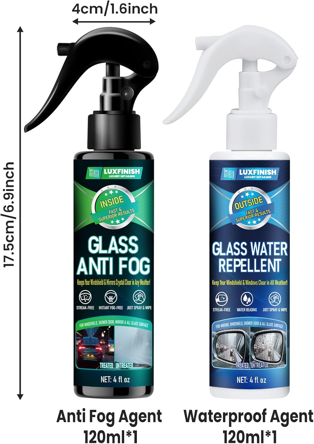 Water Repellent & Anti-Fog Spray | Quick Interior & Exterior Car Glass Bundle for Long-Lasting Clear Vision | Hydrophobic Coating for Windshield Windows Mirrors Glasses Helmets & Swim Masks