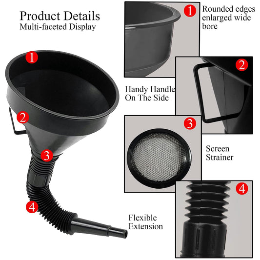 Flex Funnel - Wide Mouth Flexible Funnel with Handle, Automotive Funnels for Engine Oil, Liquid, Diesel, Kerosene,Gasoline (1PACK Black FUNNELS)