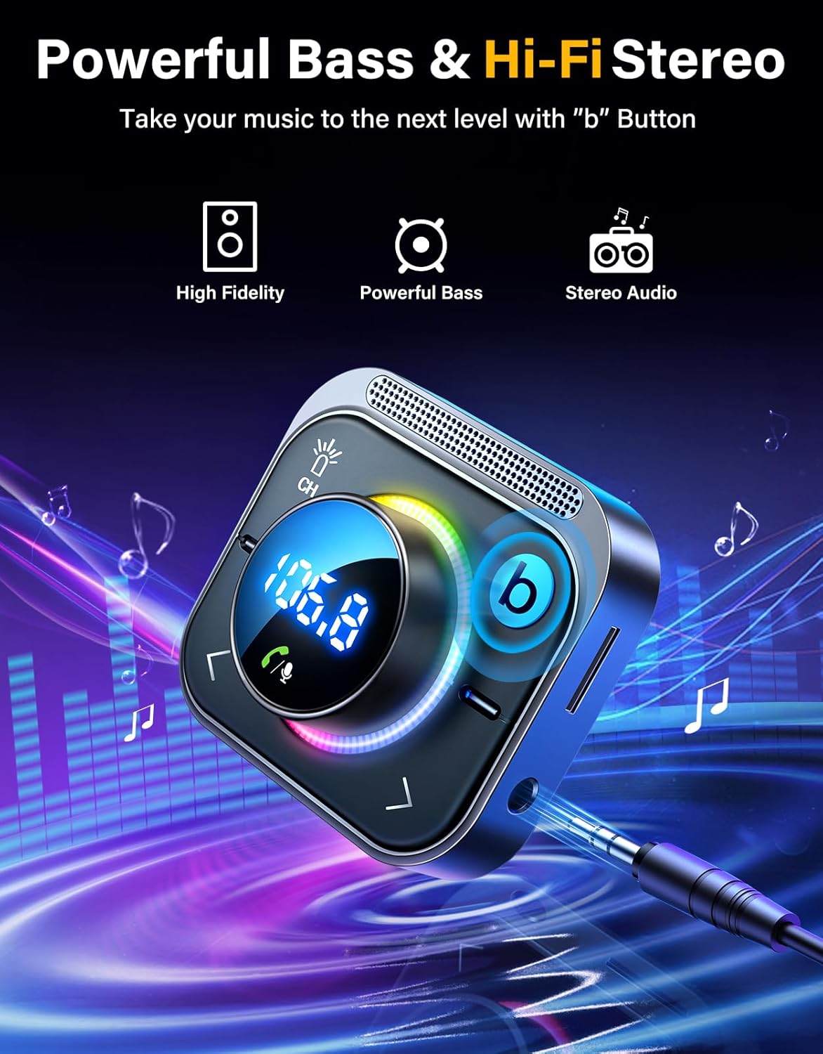 JOYROOM 96W FM Transmitter Bluetooth 6.0 Car Adapter Aux with 3 Charging Ports【PD 60W & 2 * 18W】【Air Vent Installation for Safe】 Deep HiFi Bass Player Wireless Radio Fun Car Accessories Gift Set