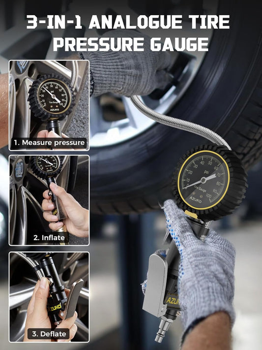 AZUNO Digital Tire Inflator with Pressure Gauge, 200 PSI, Heavy Duty Air Compressor Accessories, with Rubber Hose Lock on Air Chuck and Quick Connect Coupler, Comes with a Portable Carrying Box